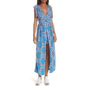 Sandro Blue Floral Tie Plunging Slit Short Long Summer Dress Size 40/Large